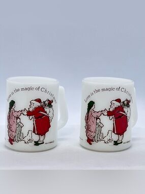Lot of 2 Vintage Federal Holly Hobbie Magic of Christmas Milk Glass Mugs Santa